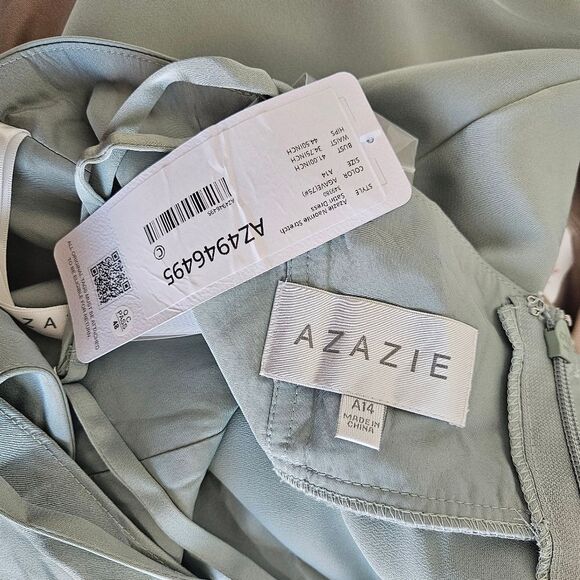 NWT Azazie Naomie Agave A-Line Cowl Neckline Side Slit Stretch Satin Dress, A14 - Picture 7 of 12